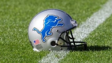 Oct 6, 2013; Green Bay, WI, USA; A Detroit Lions helmet sits on the field during warmups prior to the game against the Green Bay Packers at Lambeau Field. Green Bay won 22-9. Mandatory Credit: Jeff Hanisch-USA TODAY Sports