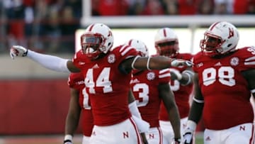 Nov 16, 2013; Lincoln, NE, USA; Nebraska Cornhuskers defender Randy Gregory (44) celebrates after a quarterback sack against the Michigan State Spartans in the second quarter at Memorial Stadium. Mandatory Credit: Bruce Thorson-USA TODAY Sports