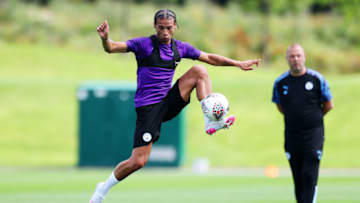 MANCHESTER, ENGLAND - AUGUST 02: Leroy Sane of Manchester City in action during the training session at Manchester City Football Academy on August 02, 2019 in Manchester, England. (Photo by Matt McNulty - Manchester City/Manchester City FC via Getty Images)