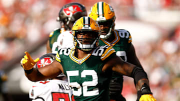 TAMPA, FLORIDA - SEPTEMBER 25: Rashan Gary #52 of the Green Bay Packers reacts against the Tampa Bay Buccaneers during the second quarter at Raymond James Stadium on September 25, 2022 in Tampa, Florida. (Photo by Douglas P. DeFelice/Getty Images)