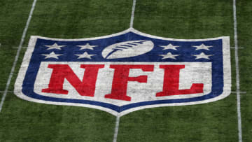 LONDON, ENGLAND - OCTOBER 13: A detailed view of the NFL logo on the field during the NFL game between Carolina Panthers and Tampa Bay Buccaneers at Tottenham Hotspur Stadium on October 13, 2019 in London, England. (Photo by Naomi Baker/Getty Images)