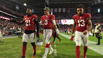 GLENDALE, AZ - NOVEMBER 18: Josh Rosen #3, Patrick Peterson #21 and Christian Kirk #13 of the Arizona Cardinals react while walking off the field after the loss against the Oakland Raiders at State Farm Stadium on November 18, 2018 in Glendale, Arizona. The Oakland Raiders won 23-21. (Photo by Jennifer Stewart/Getty Images)
