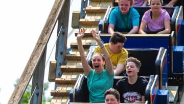 Riders descend down the track on the Voyage roller coaster during the 31st annual Play Day at Holiday World in Santa Claus, Ind., Wednesday morning, May 17, 2023. Over 3,000 guests came for the event dedicated for children with special needs, raising approximately $33,500 for the Easterseals community and disability service organization.