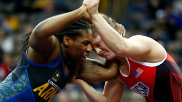 IOWA CITY, IOWA - APRIL 09: Randi Miller and Brittney Roberts compete during their Women's 69kg match on day 1 of the Olympic Team Wrestling Trials at Carver-Hawkeye Arena on April 9, 2016 in Iowa City, Iowa. (Photo by Jamie Squire/Getty Images)