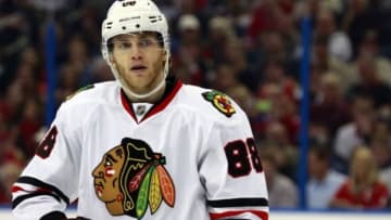 Jan 21, 2016; Tampa, FL, USA; Chicago Blackhawks right wing Patrick Kane (88) against the Tampa Bay Lightning during the third period at Amalie Arena. Tampa Bay Lightning defeated the Chicago Blackhawks 2-1. Mandatory Credit: Kim Klement-USA TODAY Sports