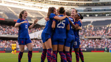 CHICAGO, IL - SEPTEMBER 24: Emily Sonnett #14 of the United States celebrates her goal with Megan Rapinoe #15 during a game between South Africa and USWNT at Soldier Field on September 24, 2023 in Chicago, Illinois. (Photo by Brad Smith/ISI Photos/USSF/Getty Images for USSF)