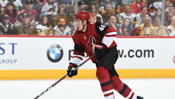 GLENDALE, AZ - NOVEMBER 21: Ilya Lyubushkin #46 of the Arizona Coyotes skates the puck up ice against the Vegas Golden Knights at Gila River Arena on November 21, 2018 in Glendale, Arizona. (Photo by Norm Hall/NHLI via Getty Images)