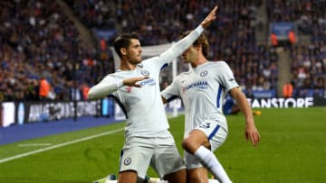 LEICESTER, ENGLAND - SEPTEMBER 09: Alvaro Morata of Chelsea celebrates scoring his sides first goal with Marcos Alonso of Chelsea during the Premier League match between Leicester City and Chelsea at The King Power Stadium on September 9, 2017 in Leicester, England. (Photo by Michael Regan/Getty Images)