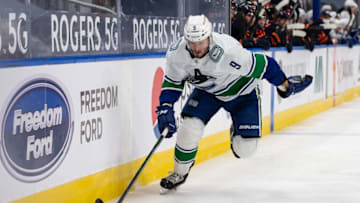 EDMONTON, AB - MAY 15: J.T. Miller #9 of the Vancouver Canucks skates against the Edmonton Oilers at Rogers Place on May 15, 2021 in Edmonton, Canada. (Photo by Codie McLachlan/Getty Images)