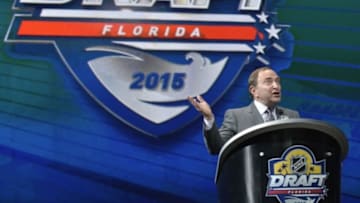 Jun 26, 2015; Sunrise, FL, USA; NHL commissioner Gary Bettman addresses the crowd before the first round of the 2015 NHL Draft at BB&T Center. Mandatory Credit: Steve Mitchell-USA TODAY Sports
