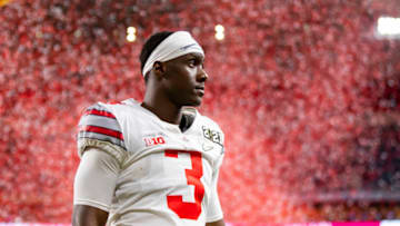 Jan 11, 2021; Miami Gardens, Florida, USA; Ohio State Buckeyes running back Demario McCall (3) against the Alabama Crimson Tide in the 2021 CFP National Championship Game. Mandatory Credit: Mark J. Rebilas-USA TODAY Sports