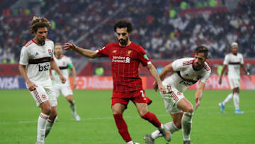 DOHA, QATAR - DECEMBER 21: Mohamed Salah of Liverpool turns with the ball during the FIFA Club World Cup Qatar 2019 Final between Liverpool FC and CR Flamengo at Education City Stadium on December 21, 2019 in Doha, Qatar. (Photo by Francois Nel/Getty Images)