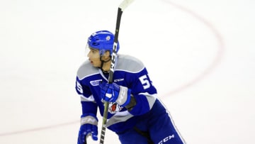 ST CATHARINES, ON - OCTOBER 4: Quinton Byfield #55 of the Sudbury Wolves skates during the second period of an OHL game against the Niagara IceDogs at Meridian Centre on October 4, 2018 in St Catharines, Canada. (Photo by Vaughn Ridley/Getty Images)