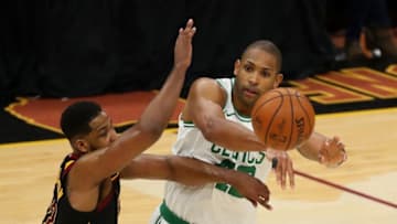 CLEVELAND, OH - MAY 25: Al Horford of the Boston Celtics looks to pass against Tristan Thompson of the Cleveland Cavaliers in the third quarter during Game Six of the 2018 NBA Eastern Conference Finals at Quicken Loans Arena on May 25, 2018 in Cleveland, Ohio. NOTE TO USER: User expressly acknowledges and agrees that, by downloading and or using this photograph, User is consenting to the terms and conditions of the Getty Images License Agreement. (Photo by Gregory Shamus/Getty Images)