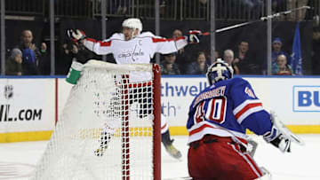 NEW YORK, NEW YORK - MARCH 03: Alex Ovechkin #8 of the Washington Capitals argues with the referee as Alexandar Georgiev #40 of the New York Rangers let go of his goalie stick during the shoot-out at Madison Square Garden on March 03, 2019 in New York City. The Capitals were awarded a goal on the play and defeated the Rangers 3-2. (Photo by Bruce Bennett/Getty Images)