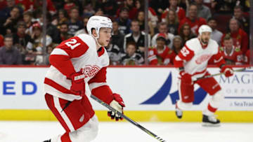 CHICAGO, ILLINOIS - FEBRUARY 10: Dennis Cholowski #21 of the Detroit Red Wings advances the puck against the Chicago Blackhawks at the United Center on February 10, 2019 in Chicago, Illinois. The Blackhawks defeated the Red Wings 5-2. (Photo by Jonathan Daniel/Getty Images)