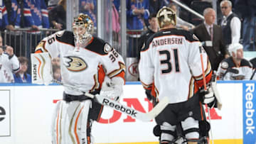 NEW YORK, NY - MARCH 22: John Gibson #36 comes into the game to replace Frederik Andersen #31 of the Anaheim Ducks after allowing three goals in the first period against the New York Rangers at Madison Square Garden on March 22, 2015 in New York City. (Photo by Jared Silber/NHLI via Getty Images)