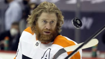 Mar 6, 2021; Pittsburgh, Pennsylvania, USA; Philadelphia Flyers Philadelphia Flyers right wing Jakub Voracek (93) juggles the puck on his stick during warm ups before playing the Pittsburgh Penguins at PPG Paints Arena. Mandatory Credit: Charles LeClaire-USA TODAY Sports