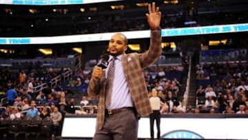 Apr 16, 2014; Orlando, FL, USA; Orlando Magic guard Jameer Nelson addresses the crowd in street clothes before the start of the game against the Indiana Pacers at Amway Center. Mandatory Credit: David Manning-USA TODAY Sports