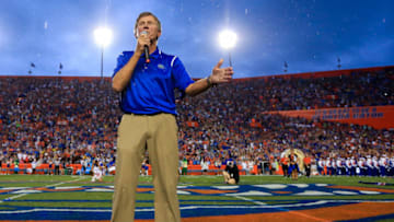 GAINESVILLE, FL - SEPTEMBER 03: Steve Spurrier speaks during a field naming ceremony before the game between the Florida Gators and the Massachusetts Minutemen at Ben Hill Griffin Stadium on September 3, 2016 in Gainesville, Florida. (Photo by Rob Foldy/Getty Images)