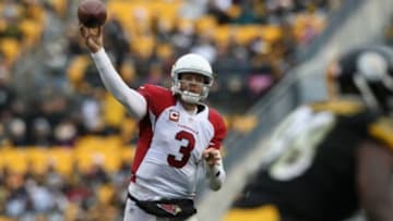 Oct 18, 2015; Pittsburgh, PA, USA; Arizona Cardinals quarterback Carson Palmer (3) throws a pass against the Pittsburgh Steelers during the second half at Heinz Field. The Steelers won the game, 25-13. Mandatory Credit: Jason Bridge-USA TODAY Sports