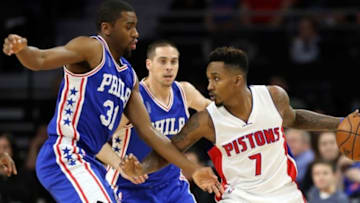 Jan 27, 2016; Auburn Hills, MI, USA; Detroit Pistons guard Brandon Jennings (7) looks stop pass the ball as Philadelphia 76ers guard Hollis Thompson (31) defends during the first quarter of the game at The Palace of Auburn Hills. Mandatory Credit: Leon Halip-USA TODAY Sports