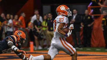 Clemson running back Chez Mellusi(27) runs for a touchdown during the fourth quarter at the Carrier Dome in Syracuse, New York, Saturday, September 14, 2019.Clemson Football Syracuse 2h