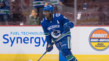 VANCOUVER, BC - SEPTEMBER 17: Jordan Subban #67 of the Vancouver Canucks skates before a game against the Vegas Golden Knights in NHL pre-season action on September 17, 2017 at Rogers Arena in Vancouver, British Columbia, Canada. (Photo by Rich Lam/Getty Images) *** Local Caption ***