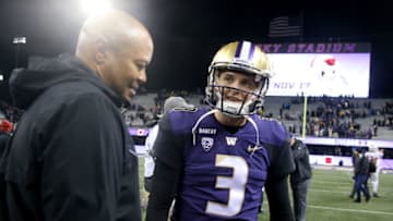 SEATTLE, WA - NOVEMBER 03: Head Coach David Shaw of the Stanford Cardinal and Jake Browning #3 of the Washington Huskies share a moment after the Washington Huskies defeated the Stanford Cardinal 27-23 during their game at Husky Stadium on November 3, 2018 in Seattle, Washington. (Photo by Abbie Parr/Getty Images)
