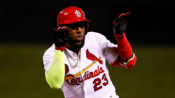 ST. LOUIS, MO - MAY 22: Marcell Ozuna #23 of the St. Louis Cardinals celebrates after recording his third hit of the game against the Kansas City Royals in the fifth inning at Busch Stadium on May 22, 2018 in St. Louis, Missouri. (Photo by Dilip Vishwanat/Getty Images)