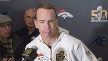February 2, 2016; Santa Clara, CA, USA; Denver Broncos quarterback Peyton Manning (18) addresses the media during a press conference prior to Super Bowl 50 at Santa Clara Marriott. Mandatory Credit: Kyle Terada-USA TODAY Sports