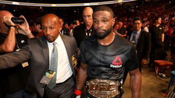 ANAHEIM, CA - JULY 29: Tyron Woodley celebrates after his unanimous-decision victory over Demian Maia of Brazil in their UFC welterweight championship bout during the UFC 214 event at Honda Center on July 29, 2017 in Anaheim, California. (Photo by Christian Petersen/Zuffa LLC/Zuffa LLC via Getty Images)