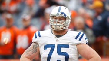 Jan 11, 2015; Denver, CO, USA; Indianapolis Colts guard Jack Mewhort (75) in the 2014 AFC Divisional playoff football game against the Denver Broncos at Sports Authority Field at Mile High. Mandatory Credit: Chris Humphreys-USA TODAY Sports