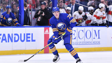 Jan 16, 2023; Buffalo, New York, USA; Buffalo Sabres center Tage Thompson (72) controls the puck against the Florida Panthers in the second period at KeyBank Center. Mandatory Credit: Mark Konezny-USA TODAY Sports