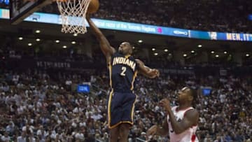Oct 28, 2015; Toronto, Ontario, CAN; Indiana Pacers guard Rodney Stuckey (2) drives to the basket as Toronto Raptors forward Terrence Ross (31) tries to defend in a game at the Air Canada Centre. The Toronto Raptors won 106-99. Mandatory Credit: Nick Turchiaro-USA TODAY Sports