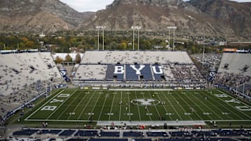 Oct 16, 2015; Provo, UT, USA; Fans and players file in to Lavell Edwards Stadium for the game between Brigham Young Cougars and Cincinnati Bearcats. Mandatory Credit: Jeff Swinger-USA TODAY Sports
