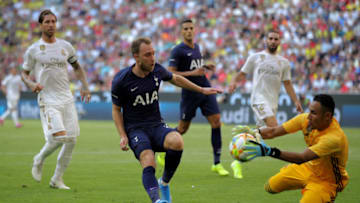 MUNICH, GERMANY - JULY 30: Keylor Navas, goalkeeper of Madrid makes a save on Christian Dannen Eriksen of Tottenham during the Audi Cup 2019 semi final match between Real Madrid and Tottenham Hotspur at Allianz Arena on July 30, 2019 in Munich, Germany. (Photo by Adam Pretty/Bongarts/Getty Images)