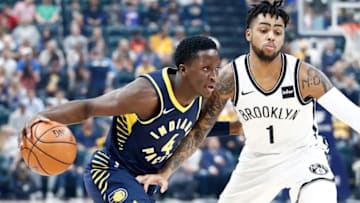 INDIANAPOLIS, IN - OCTOBER 18: Victor Oladipo #4 of the Indiana Pacers dribbles the ball against the Brooklyn Nets at Bankers Life Fieldhouse on October 18, 2017 in Indianapolis, Indiana. NOTE TO USER: User expressly acknowledges and agrees that, by downloading and or using this photograph, User is consenting to the terms and conditions of the Getty Images License Agreement. (Photo by Andy Lyons/Getty Images)