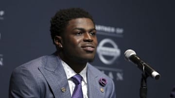 Dec 10, 2016; New York, NY, USA; Michigan linebacker and Heisman finalist Jabrill Peppers speaks to the media during a press conference at the New York Marriott Marquis before the 2016 Heisman Trophy awards ceremony. Mandatory Credit: Brad Penner-USA TODAY Sports