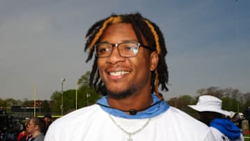 Apr 26, 2023; Kansas City, MO, USA; Florida Gators quarterback Anthony Richardson during NFL Draft Play Football Clinic at Central High School. Mandatory Credit: Kirby Lee-USA TODAY Sports