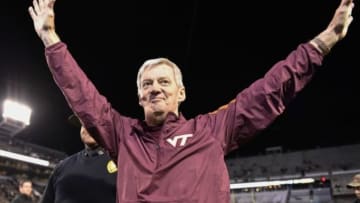 Nov 12, 2015; Atlanta, GA, USA; Virginia Tech Hokies head coach Frank Beamer reacts on the field after defeating the Georgia Tech Yellow Jackets 23-21 at Bobby Dodd Stadium. Mandatory Credit: Garrett Reid-USA TODAY Sports