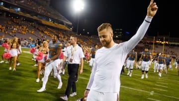 Oct 8, 2016; Tempe, AZ, USA; Arizona State Sun Devils kicker Zane Gonzalez celebrates as he leaves the field following the game against the UCLA Bruins at Sun Devil Stadium. Gonzalez set an NCAA Division one FBS record for career field goals. The Sun Devils defeated the Bruins 23-20. Mandatory Credit: Mark J. Rebilas-USA TODAY Sports