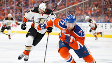 EDMONTON, AB - APRIL 30: Oscar Klefbom #77 of the Edmonton Oilers races against Ryan Getzlaf #15 of the Anaheim Ducks in Game Three of the Western Conference Second Round during the 2017 NHL Stanley Cup Playoffs at Rogers Place on April 30, 2017 in Edmonton, Alberta, Canada. (Photo by Codie McLachlan/Getty Images)