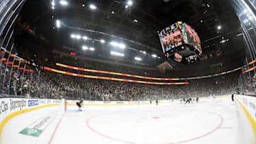 LAS VEGAS, NEVADA - APRIL 21: (EDITORS NOTE: This image was shot with a fisheye lens.) Fans wave towels as they wait for the first period to start in Game Six of the Western Conference First Round between the San Jose Sharks and the Vegas Golden Knights during the 2019 NHL Stanley Cup Playoffs at T-Mobile Arena on April 21, 2019 in Las Vegas, Nevada. The Sharks defeated the Golden Knights 2-1 in double overtime to even the series at 3-3. (Photo by Ethan Miller/Getty Images)
