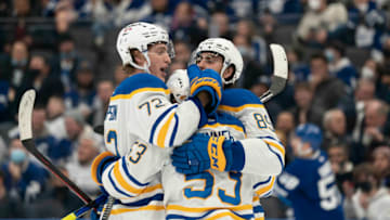 Mar 2, 2022; Toronto, Ontario, CAN; Buffalo Sabres right wing Tage Thompson (72) celebrates after scoring a goal with left wing Jeff Skinner (53) during the second period against the Toronto Maple Leafs at Scotiabank Arena. Mandatory Credit: Nick Turchiaro-USA TODAY Sports