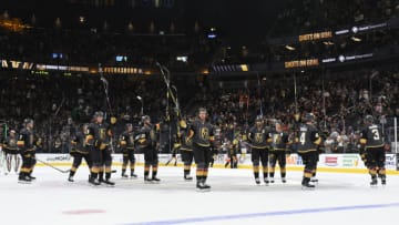 LAS VEGAS, NEVADA - SEPTEMBER 15: The Vegas Golden Knights celebrate after defeating the Arizona Coyotes in a preseason game at T-Mobile Arena on September 15, 2019 in Las Vegas, Nevada. (Photo by David Becker/NHLI via Getty Images)