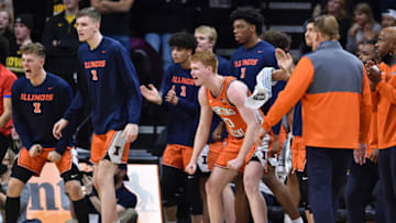 Dec 6, 2021; Iowa City, Iowa, USA; Illinois Fighting Illini guard Luke Goode (center) and teammates react during the game against the Iowa Hawkeyes during the second half at Carver-Hawkeye Arena. Mandatory Credit: Jeffrey Becker-USA TODAY Sports