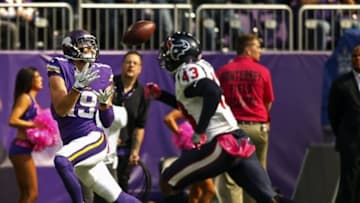 Oct 9, 2016; Minneapolis, MN, USA; Minnesota Vikings wide receiver Adam Thielen (19) catches a pass against the Houston Texans for a touchdown in the first quarter at U.S. Bank Stadium. Mandatory Credit: Bruce Kluckhohn-USA TODAY Sports