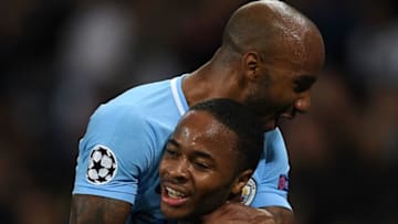 MANCHESTER, ENGLAND - SEPTEMBER 26: Raheem Sterling of Manchester City celebrates scoring his sides second goal with Fabian Delph of Manchester City during the UEFA Champions League Group F match between Manchester City and Shakhtar Donetsk at Etihad Stadium on September 26, 2017 in Manchester, United Kingdom. (Photo by Laurence Griffiths/Getty Images)