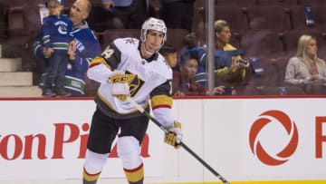 VANCOUVER, BC - SEPTEMBER 17: Nicolas Hague #14 of the Las Vegas Golden Knights skates before a game against the Vancouver Canucks in NHL pre-season action on September 17, 2017 at Rogers Arena in Vancouver, British Columbia, Canada. (Photo by Rich Lam/Getty Images) *** Local Caption ***